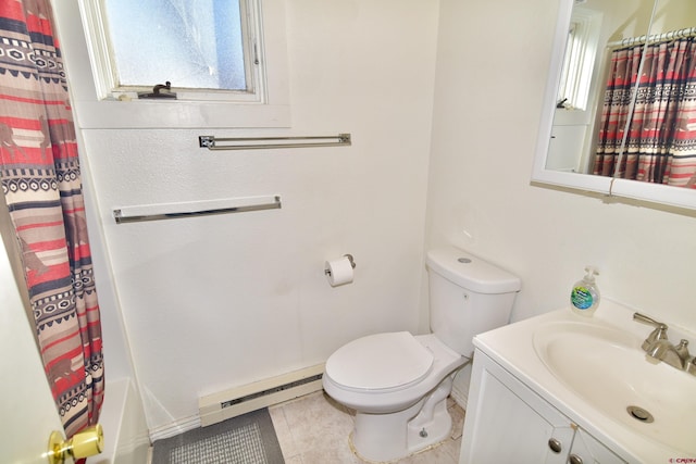 bathroom with toilet, baseboard heating, shower / tub combo, vanity, and tile patterned flooring