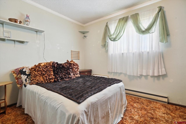 bedroom featuring baseboards, a baseboard radiator, ornamental molding, dark colored carpet, and a textured ceiling