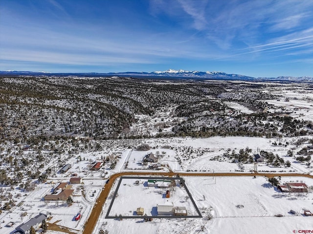 snowy aerial view featuring a mountain view