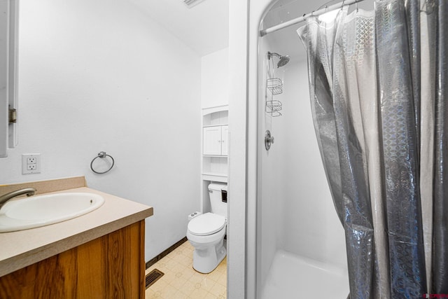 full bath with toilet, visible vents, vanity, tile patterned floors, and a stall shower