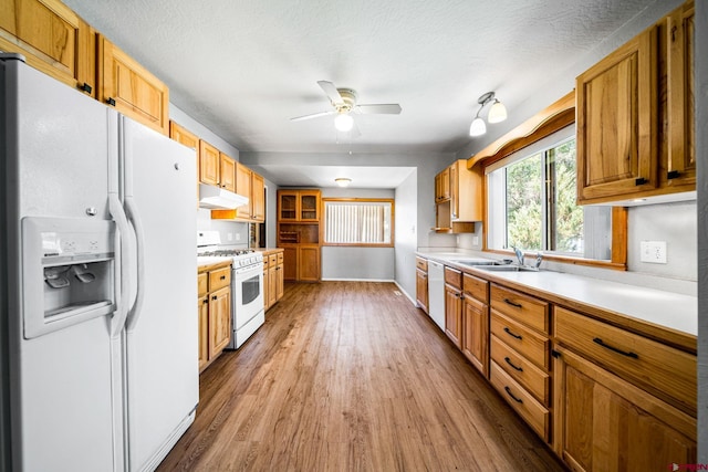 kitchen with light wood finished floors, light countertops, a sink, white appliances, and under cabinet range hood