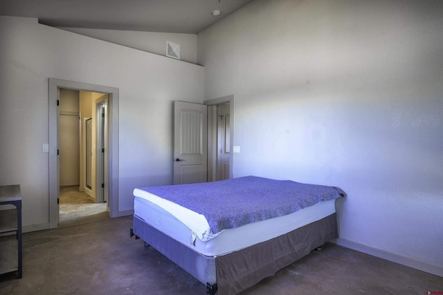 bedroom featuring high vaulted ceiling, baseboards, visible vents, and concrete flooring