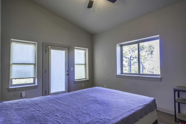 bedroom featuring lofted ceiling, multiple windows, and a ceiling fan