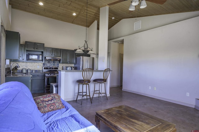 kitchen with stainless steel appliances, dark countertops, visible vents, open floor plan, and a sink