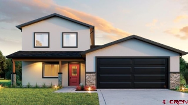 view of front of property with an attached garage, concrete driveway, stone siding, stucco siding, and a front lawn