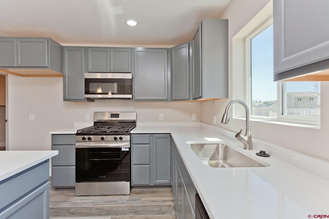 670 Nuvue St Cyprus Floorplan, Cyprus Floorplan, Delta, CO 81416 - kitchen featuring stainless steel appliances, gray cabinetry, light wood-style floors, healthy amount of natural light, and recessed lighting