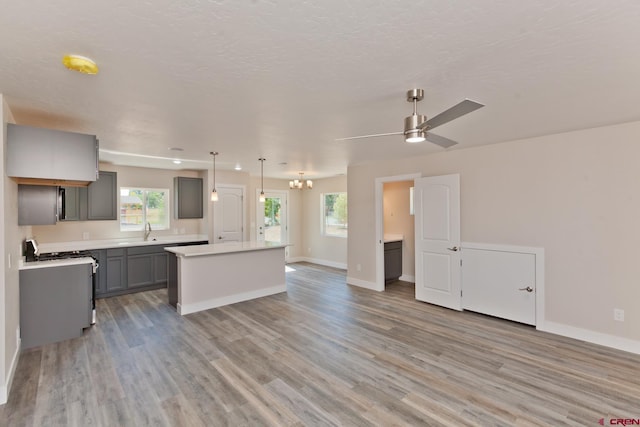 670 Nuvue St Cyprus Floorplan, Cyprus Floorplan, Delta, CO 81416 - kitchen featuring gray cabinets, stove, a kitchen island, and light wood-style flooring