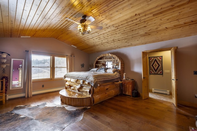 bedroom with lofted ceiling, wooden ceiling, a baseboard heating unit, and wood finished floors