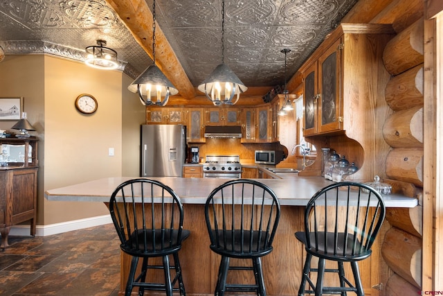 kitchen with baseboards, an ornate ceiling, stainless steel appliances, under cabinet range hood, and a sink