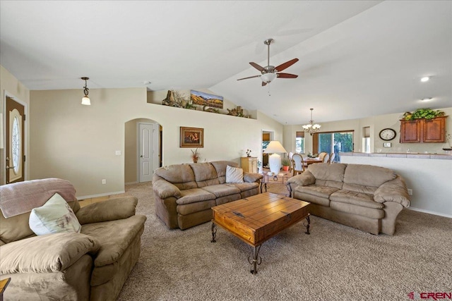 living room with arched walkways, light colored carpet, ceiling fan with notable chandelier, baseboards, and vaulted ceiling