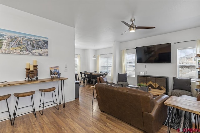 living room with a ceiling fan and wood finished floors