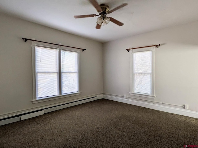 empty room with a ceiling fan, baseboards, carpet flooring, and baseboard heating