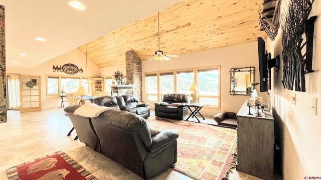 living area featuring recessed lighting, wood ceiling, ceiling fan, a stone fireplace, and high vaulted ceiling