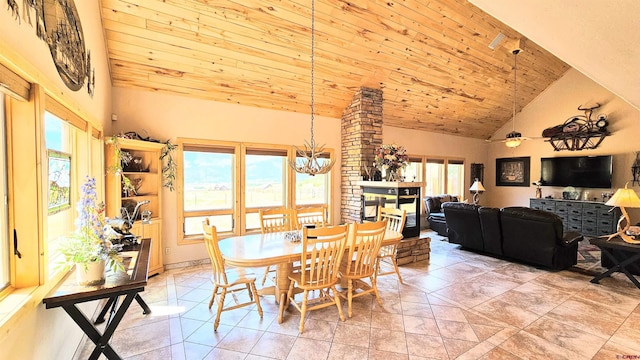 dining space featuring high vaulted ceiling, wood ceiling, plenty of natural light, and light tile patterned floors