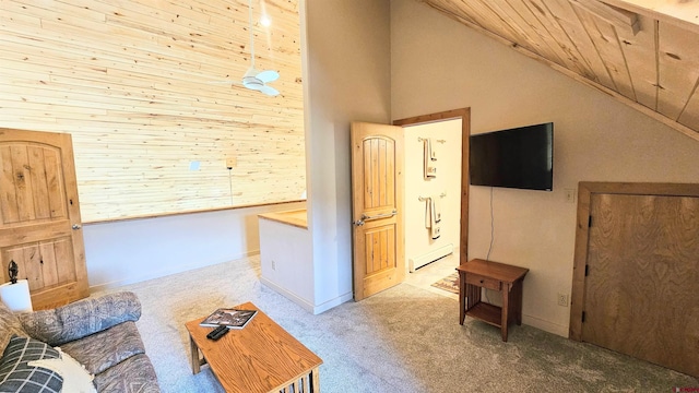 interior space featuring carpet floors, a baseboard radiator, and high vaulted ceiling