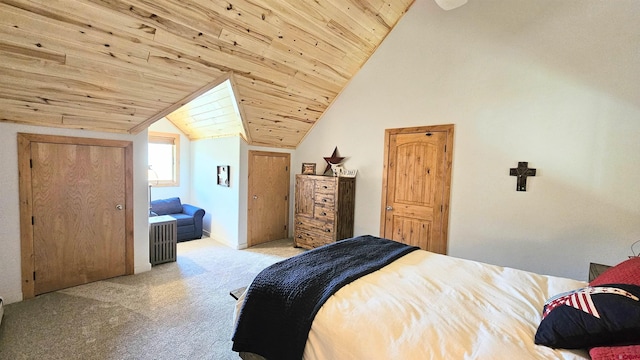 bedroom with light carpet, lofted ceiling, and wood ceiling