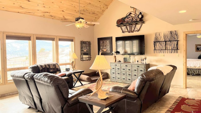 living room featuring wood ceiling, light tile patterned floors, ceiling fan, and baseboards