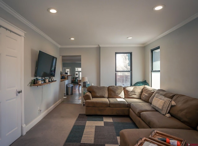 living room with crown molding and plenty of natural light