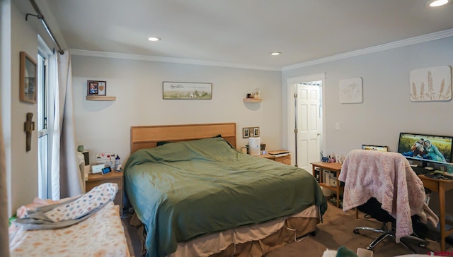 carpeted bedroom with ornamental molding and recessed lighting