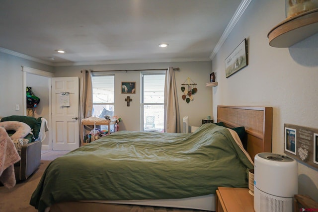 bedroom featuring ornamental molding, recessed lighting, and light colored carpet