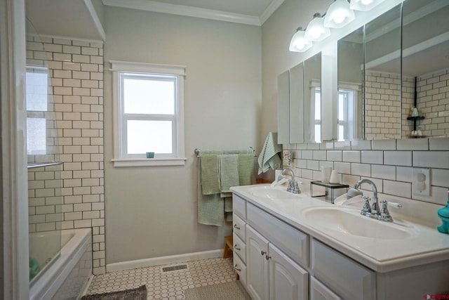 full bath with crown molding, visible vents, a sink, and backsplash