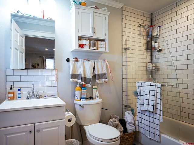 full bath with toilet,  shower combination, backsplash, and vanity