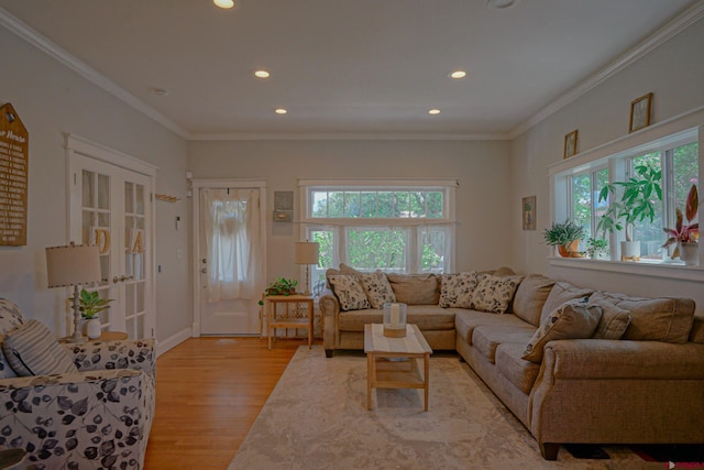 living room with light wood-type flooring, plenty of natural light, and crown molding