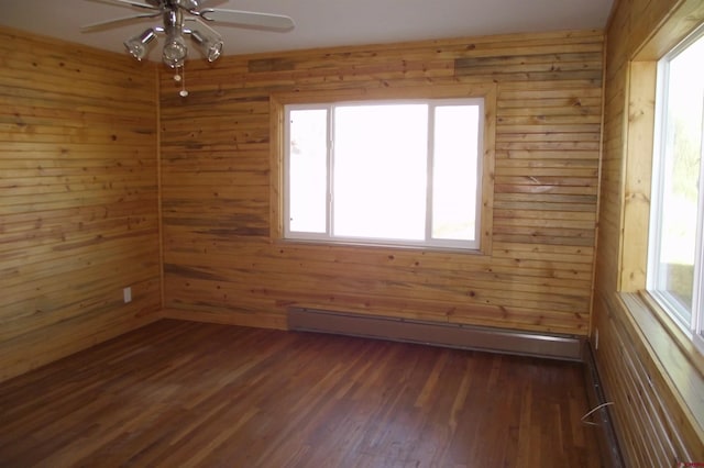 unfurnished room featuring a ceiling fan, a baseboard radiator, dark wood finished floors, and wood walls