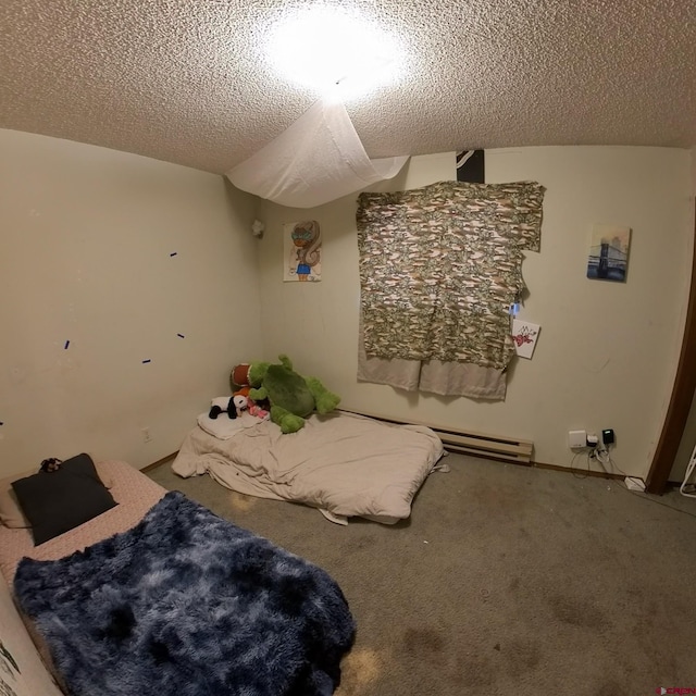 carpeted bedroom with a textured ceiling