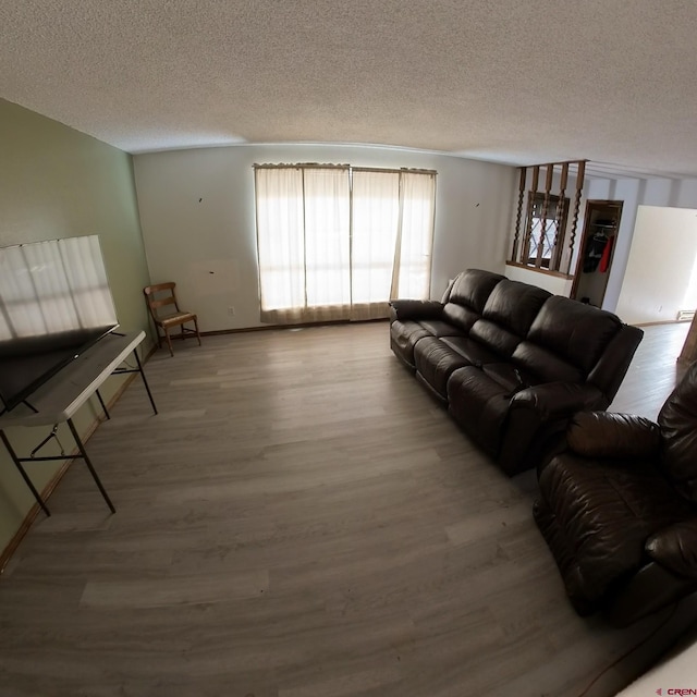 living area featuring a textured ceiling and wood finished floors