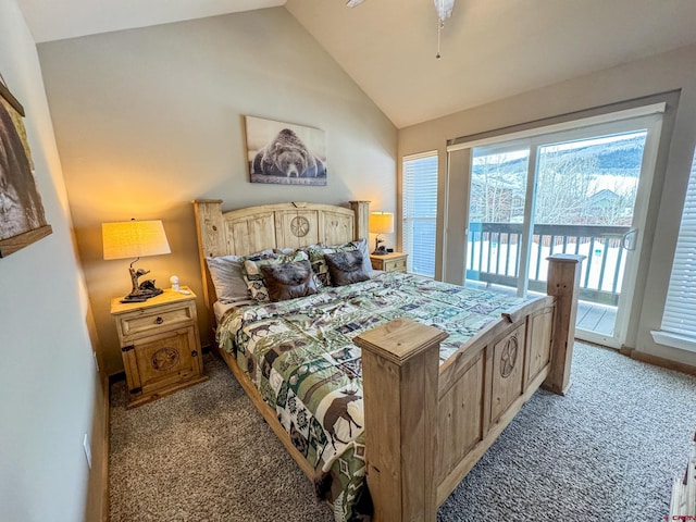 bedroom featuring access to exterior, light colored carpet, vaulted ceiling, and baseboards