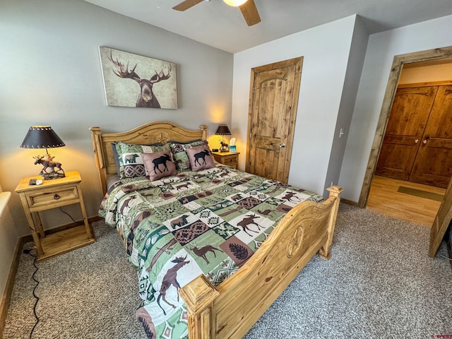 bedroom featuring carpet flooring, ceiling fan, and baseboards