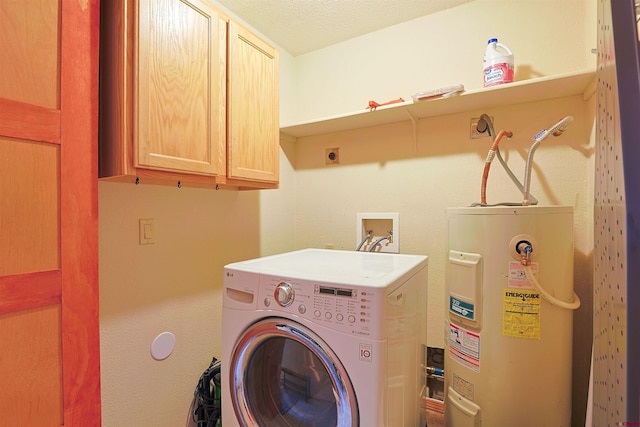 laundry room with washer / clothes dryer, cabinet space, and electric water heater