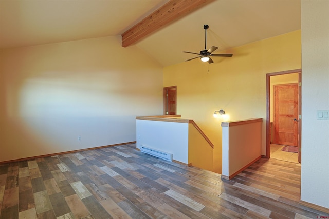 empty room with baseboards, lofted ceiling with beams, ceiling fan, wood finished floors, and a baseboard heating unit