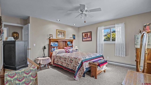 bedroom featuring carpet, a baseboard radiator, ceiling fan, and recessed lighting