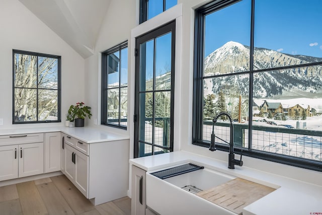 kitchen featuring a mountain view, a sink, white cabinetry, light countertops, and light wood finished floors