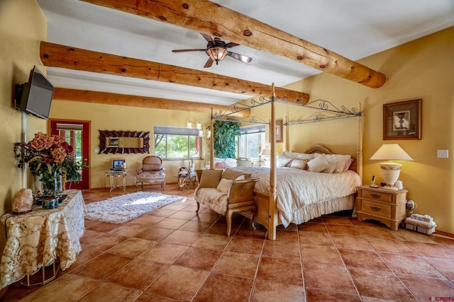 tiled bedroom with beamed ceiling