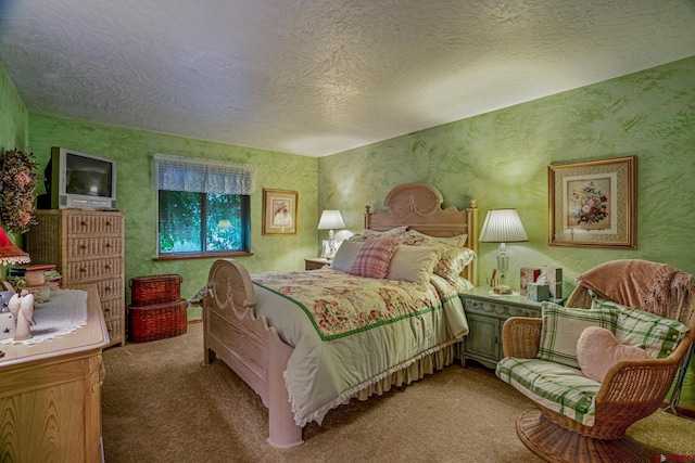 bedroom featuring wallpapered walls, carpet, and a textured ceiling