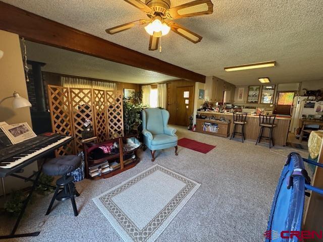 living area with a wood stove, a ceiling fan, carpet floors, and a textured ceiling