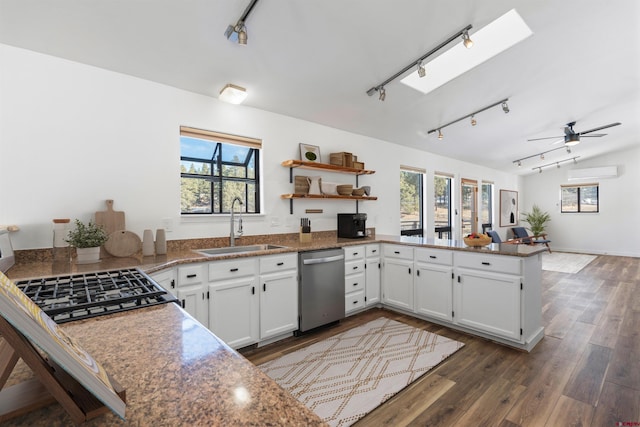 kitchen featuring an AC wall unit, a healthy amount of sunlight, a sink, and stainless steel dishwasher