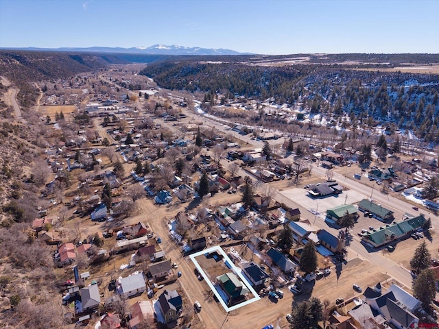 drone / aerial view featuring a mountain view