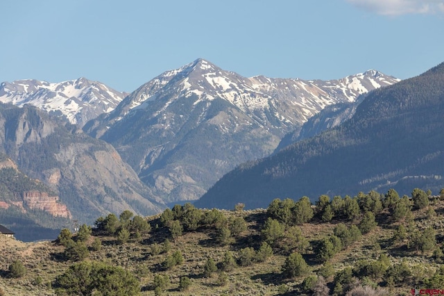 property view of mountains featuring a wooded view