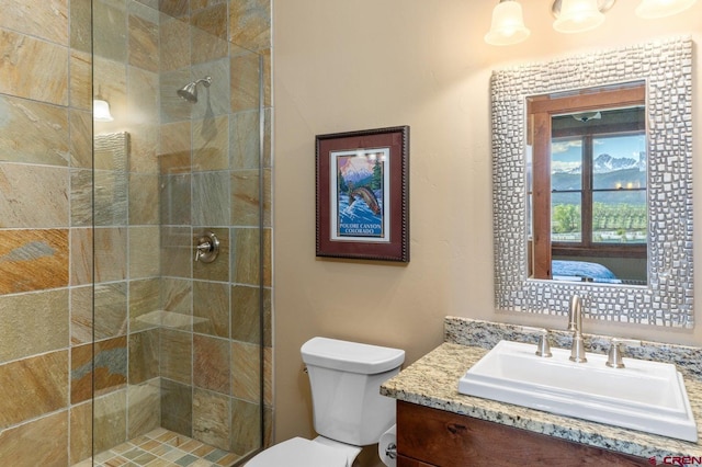bathroom featuring a shower stall, toilet, and vanity