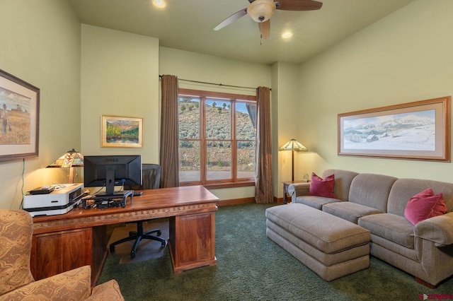 office area with baseboards, ceiling fan, carpet floors, and recessed lighting