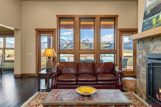 living room with baseboards, a fireplace, and wood finished floors