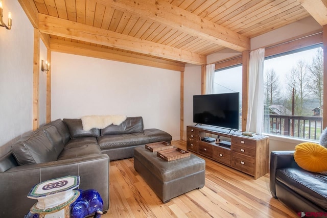 living area featuring wood ceiling, light wood-style flooring, and beam ceiling