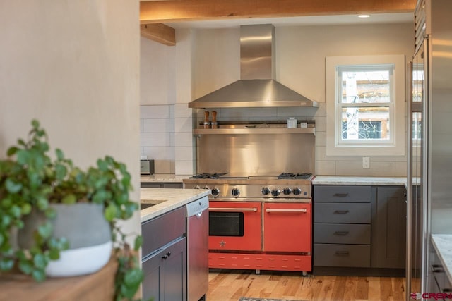 kitchen with gray cabinetry, high quality appliances, light wood-style floors, wall chimney exhaust hood, and tasteful backsplash