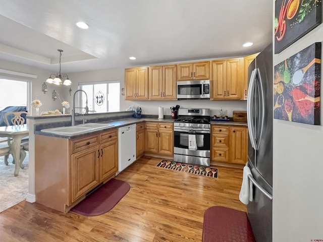 kitchen with a tray ceiling, appliances with stainless steel finishes, a sink, light wood-type flooring, and a peninsula