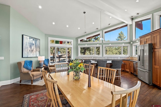 dining space with high vaulted ceiling, dark wood finished floors, beam ceiling, and baseboards