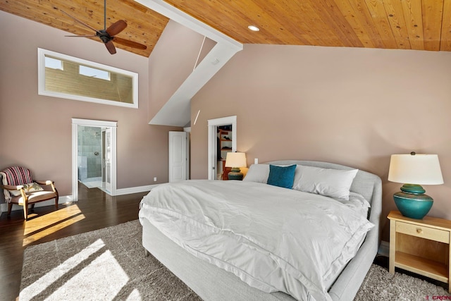 bedroom with wood ceiling, ensuite bath, wood finished floors, high vaulted ceiling, and baseboards